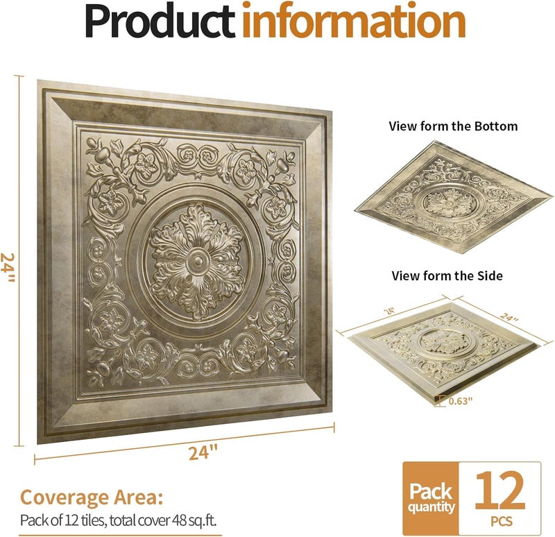 WOWSTAR 12-Pack 24"x24" Drop Ceiling Tiles, Vintage Style Waterproof Glue up Ceiling Panels Decor, Antique Gold - Image 4